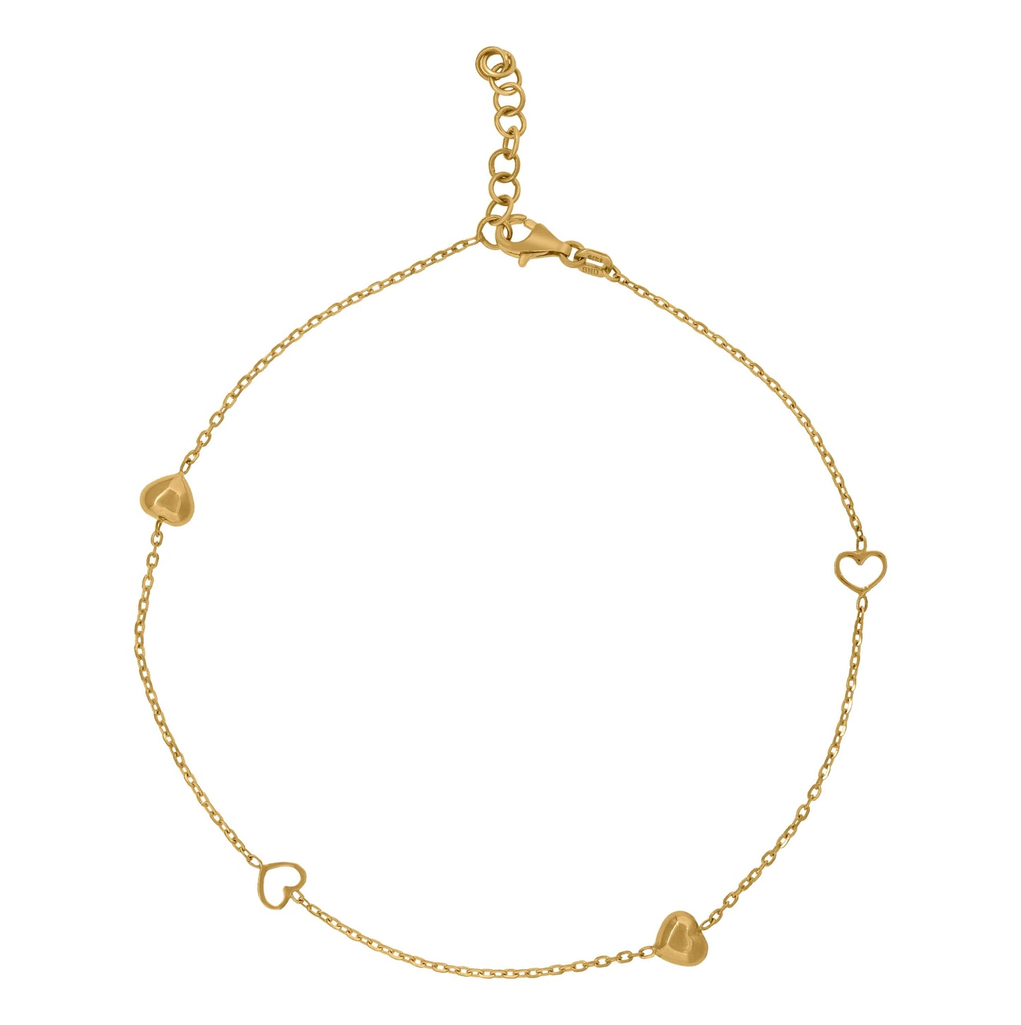 14K Yellow Gold Womens Polished Finish Heart Beaded Anklet