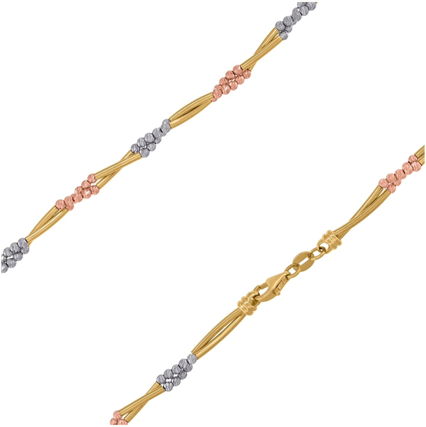 14K Tri-Color Gold Womens Polished Finish Textured Twisted Beaded Necklace Size 18 Inches