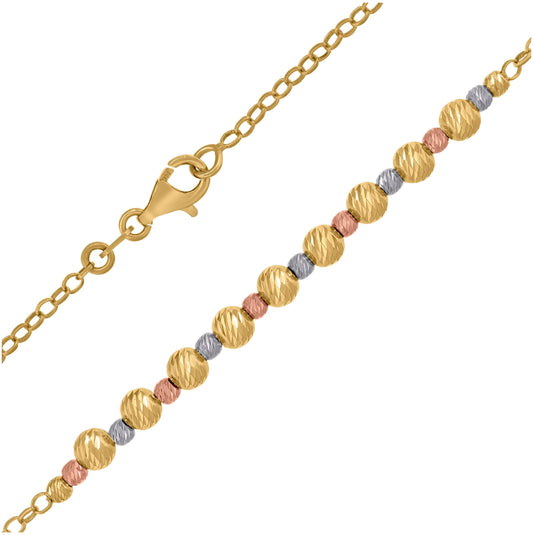 14K Tri-Color Gold Womens Polished Finish Textured Heart Beaded Necklace Size 18 Inches