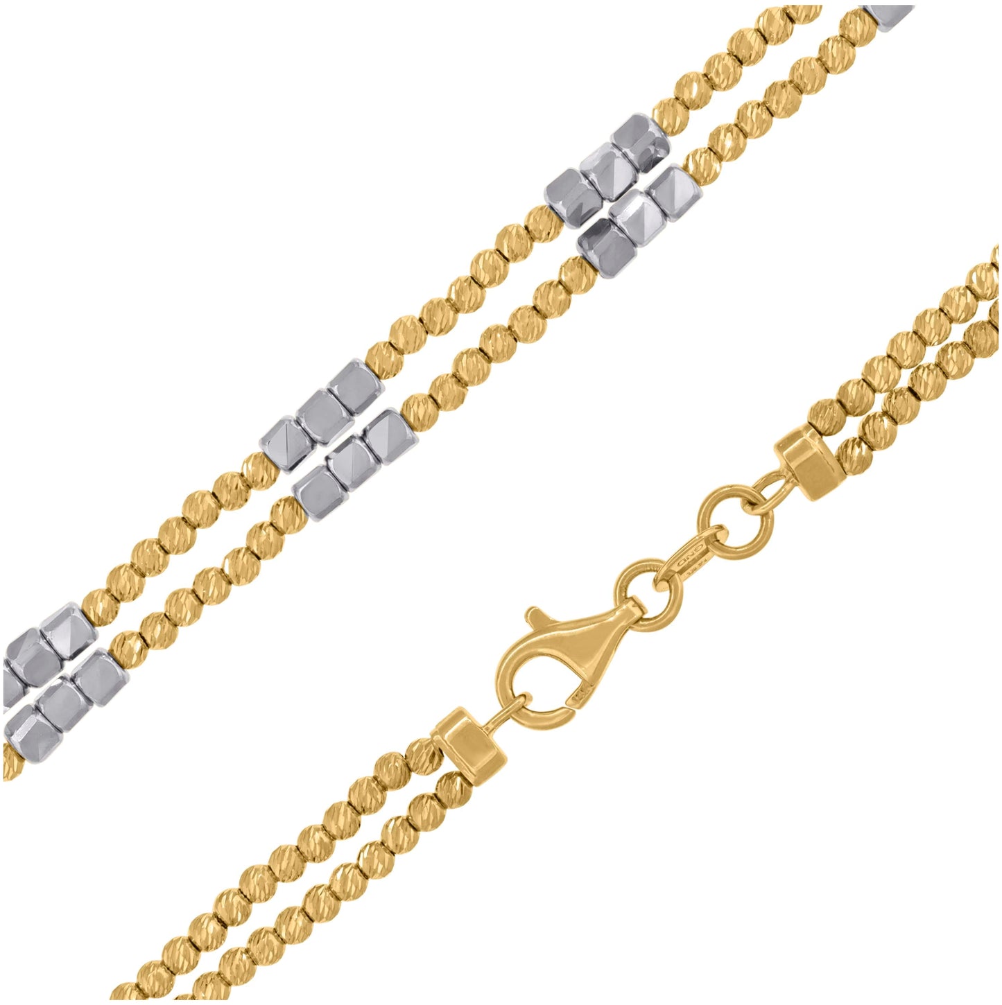 14K Two-Tone Gold Womens Polished Finish Textured Two Row Beaded Necklace Size 18 Inches