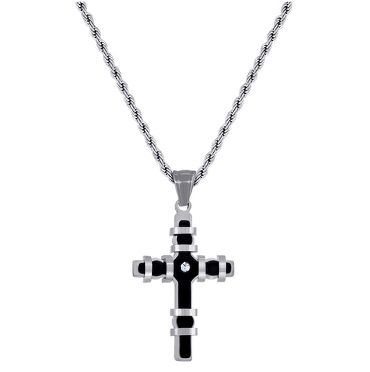 Stainless Steel Mens Black -Tone Cross Religious Charm Pendant