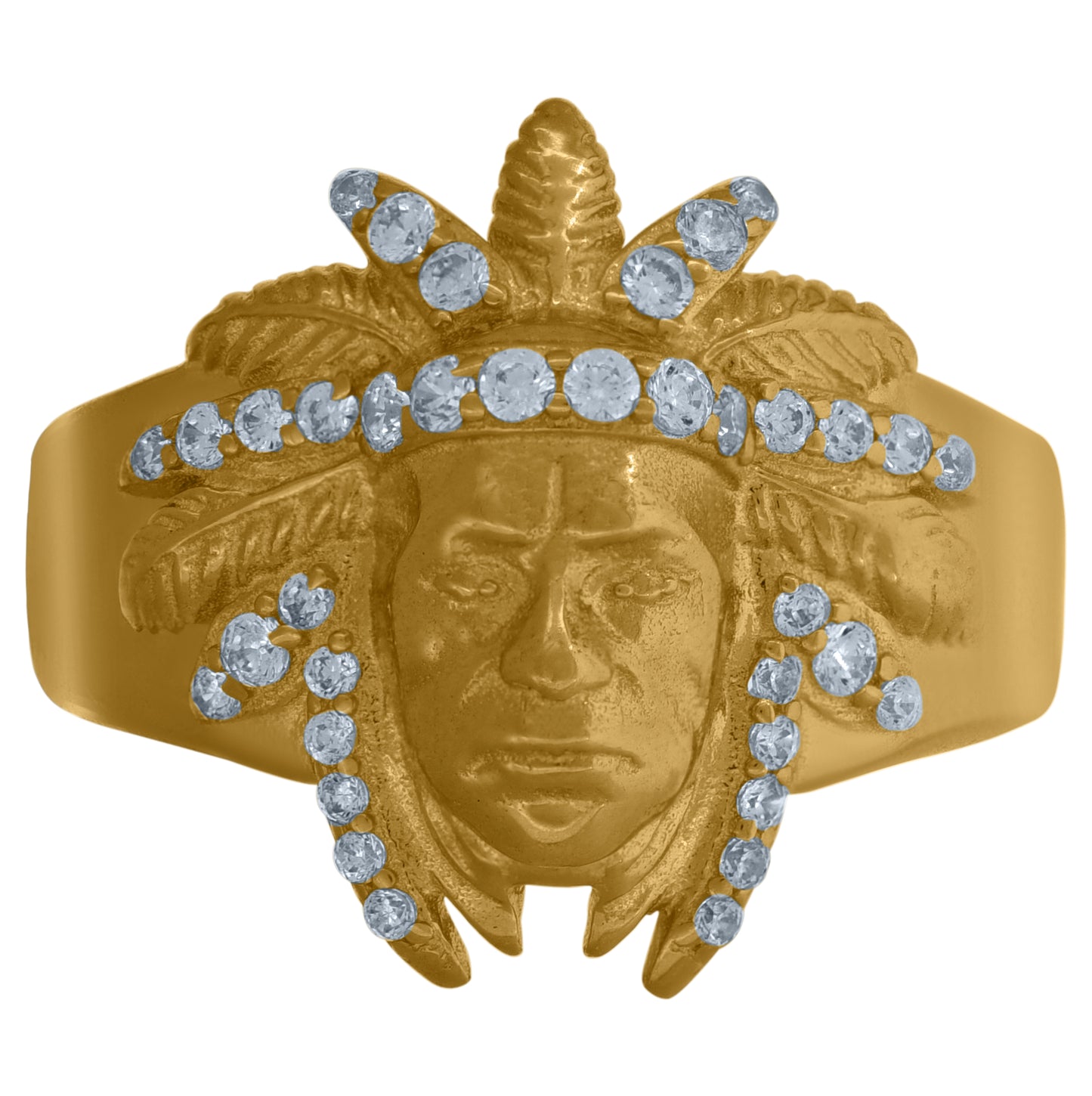 10K Yellow Gold Mens Cubic Zirconia Indian Chief Head Band Ring