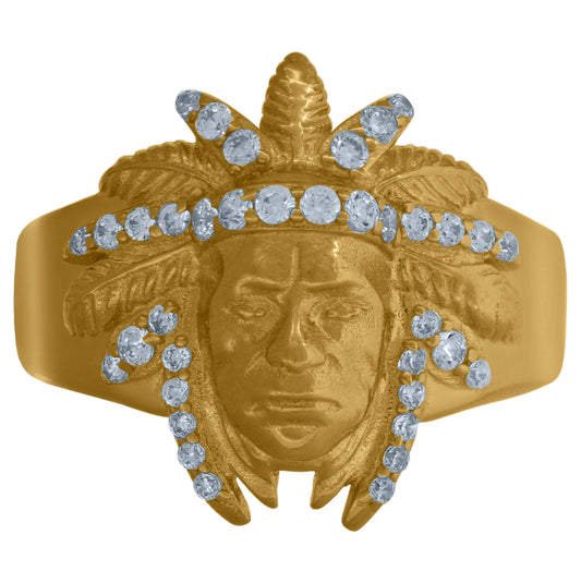 10K Yellow Gold Mens Cubic Zirconia Indian Chief Head Band Ring