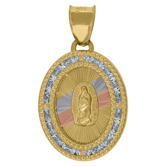 10K Tri-Color Gold Unisex Cubic-Zirconia Textured Lady Of Guadalupe Religious Oval Charm Pendant
