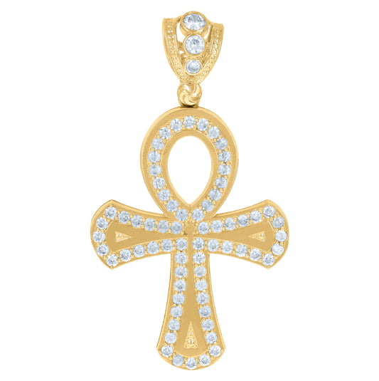 10K Yellow Gold Mens Cubic-Zirconia Religious Ankh Cross Egyptian Charm Pendant