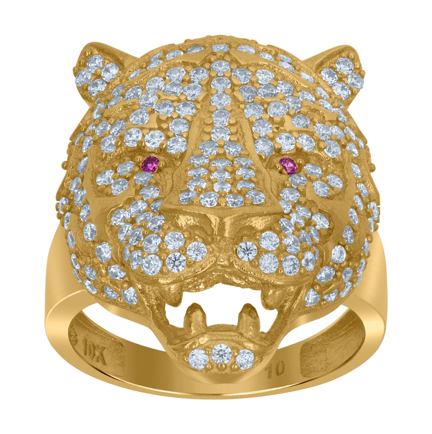 10K Yellow Gold Mens Purple White Cubic-Zirconia Head Panther Animal Wildlife Ring
