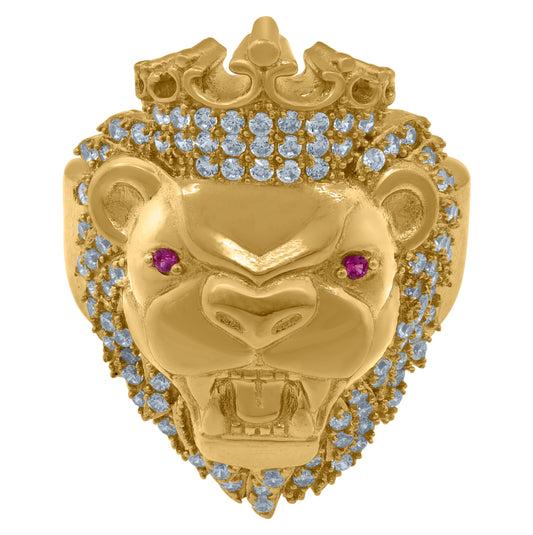 10K Yellow Gold Mens White Pink Cubic Zirconia Crowned Lion Head Ring