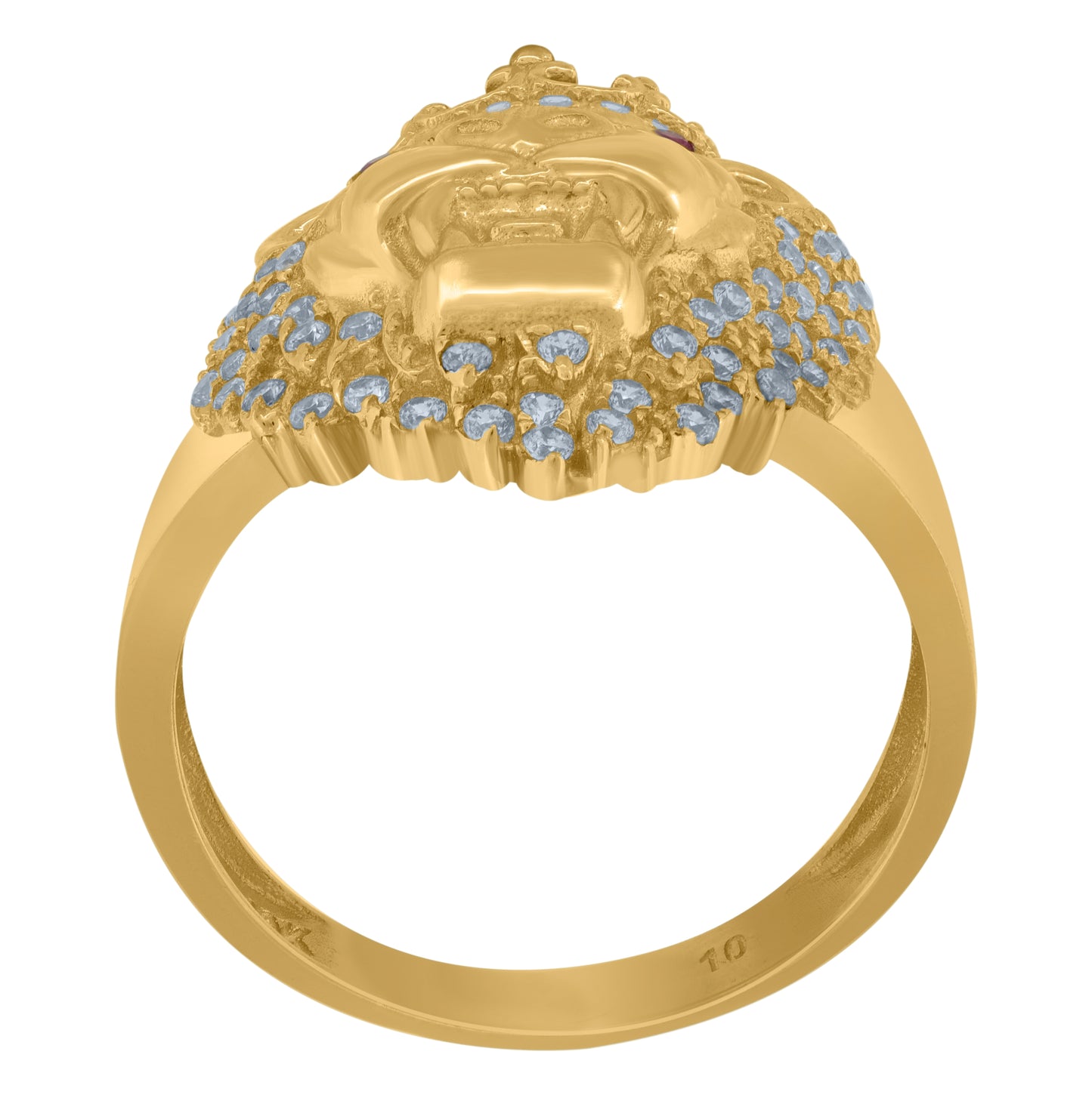 10K Yellow Gold Mens White Pink Cubic Zirconia Crowned Lion Head Ring