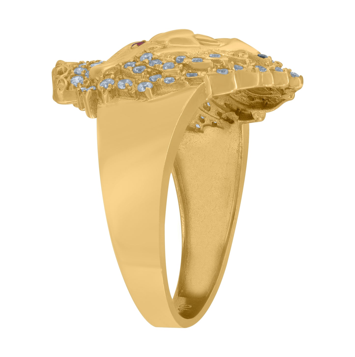 10K Yellow Gold Mens White Pink Cubic Zirconia Crowned Lion Head Ring