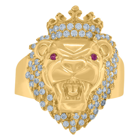 10K Yellow Gold Mens White Pink Cubic Zirconia Crowned Lion Head Ring