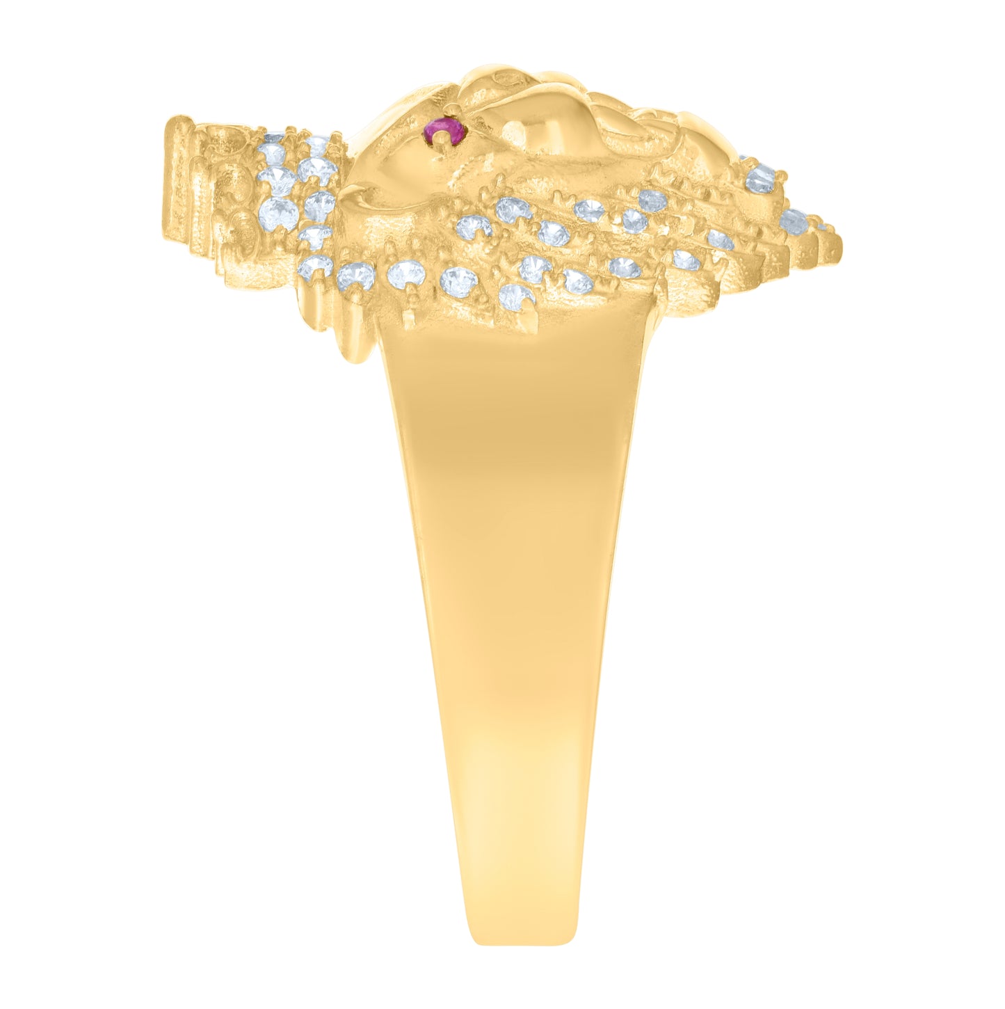 10K Yellow Gold Mens White Pink Cubic Zirconia Crowned Lion Head Ring