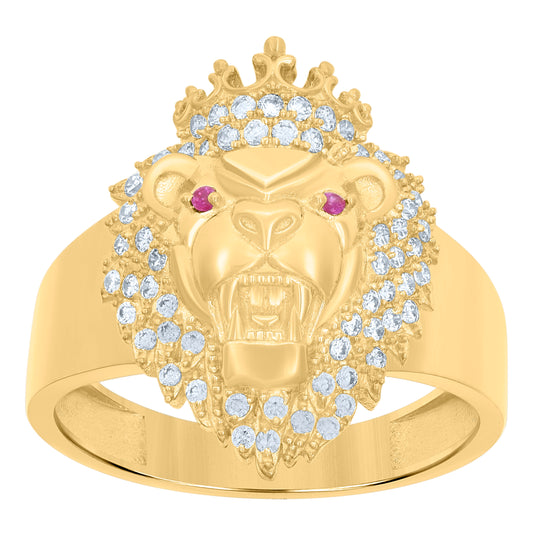 10K Yellow Gold Mens White Pink Cubic Zirconia Crowned Lion Head Ring