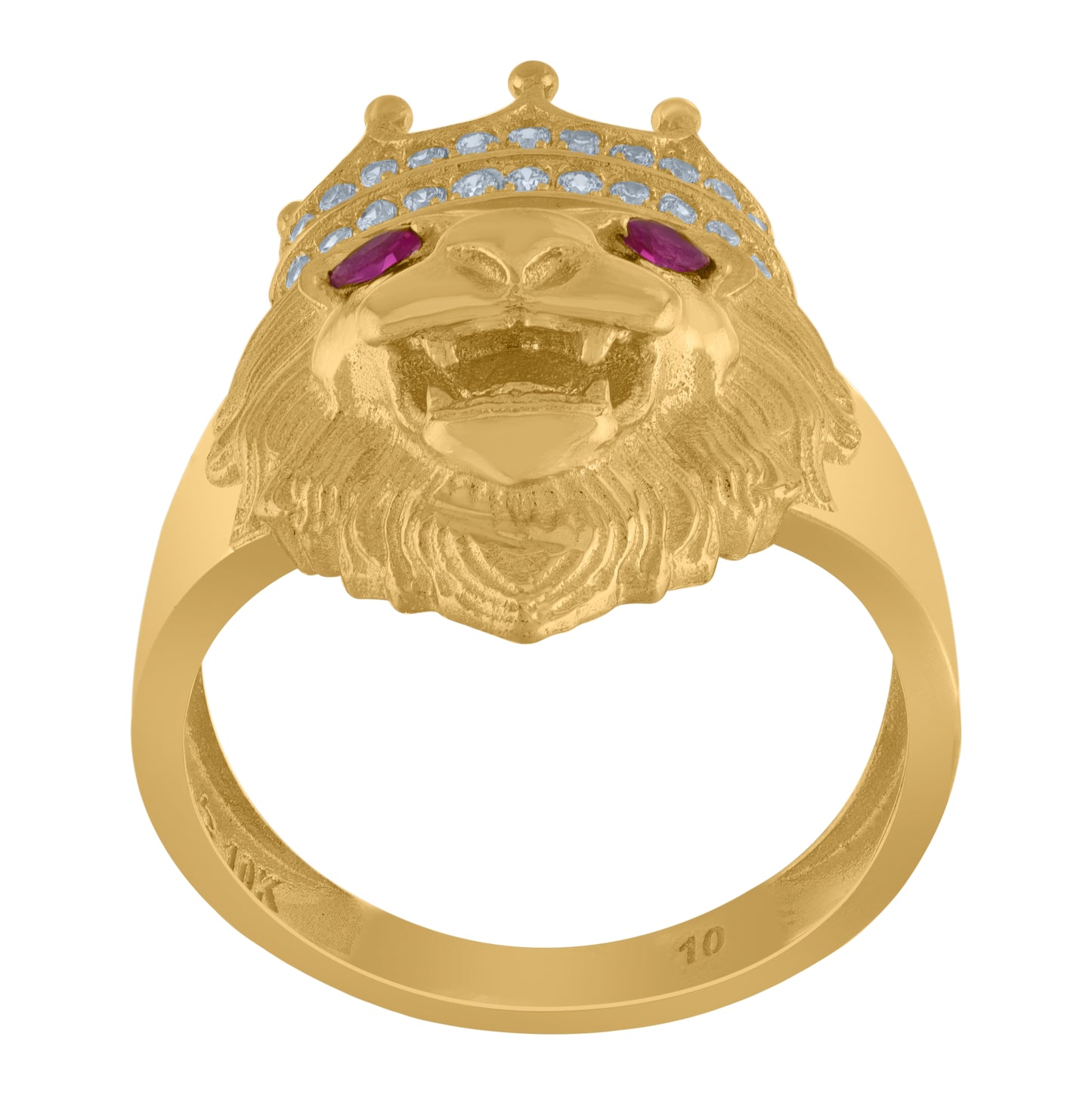 10K Yellow Gold Mens White Pink Cubic Zirconia Crowned Lion Head Ring