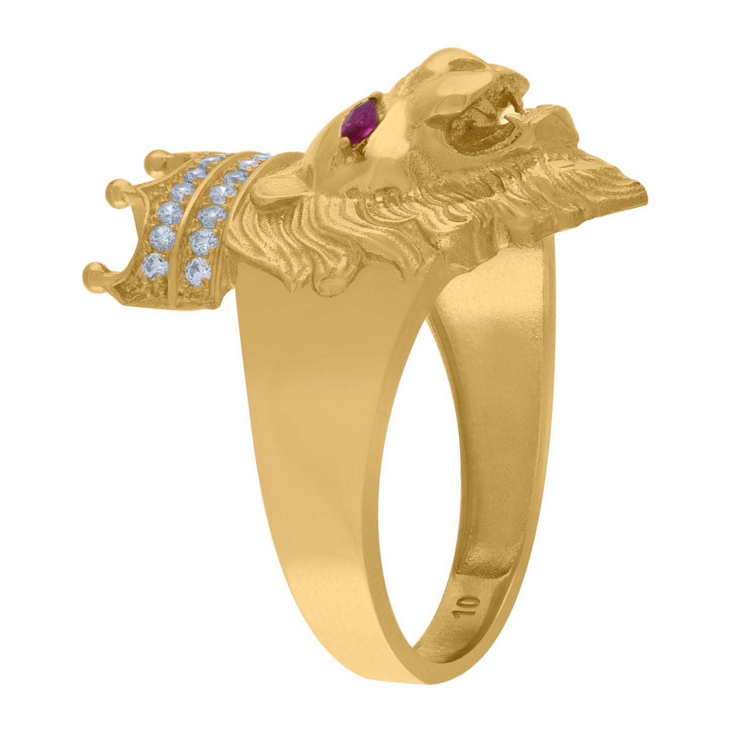 10K Yellow Gold Mens White Pink Cubic Zirconia Crowned Lion Head Ring