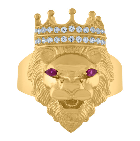 10K Yellow Gold Mens White Pink Cubic Zirconia Crowned Lion Head Ring
