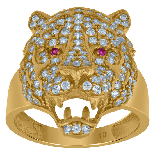10K Yellow Gold Mens White Pink Cubic Zirconia Tiger Animal Head Ring