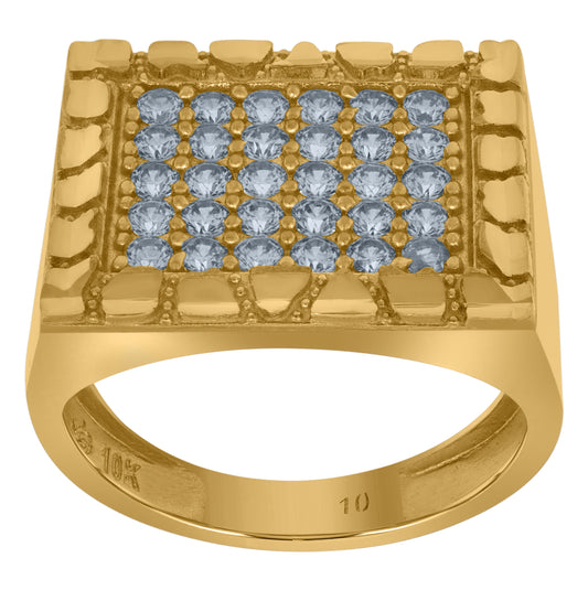 10K Yellow Gold Mens Cubic Zirconia Square Head Nugget Fashion Ring