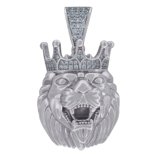 Sterling Silver Mens Cubic Zirconia Animal Lion Charm Pendant
