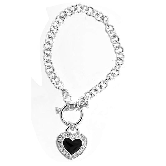 Sterling Silver Womens Black & White Cubic Zirconia Fancy Link Heart Bracelet