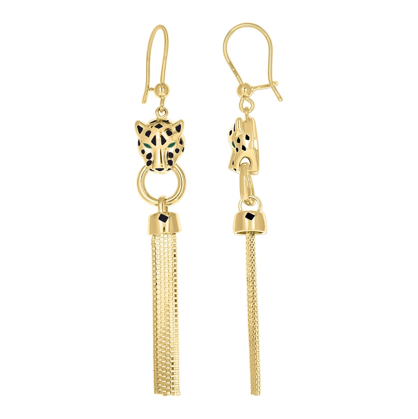 14K Yellow Gold Womens Enameled Panther Head Chandelier Danglers Earrings