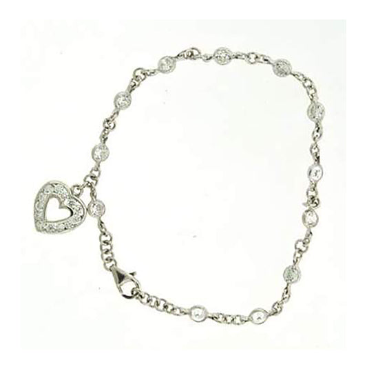 Sterling Silver Womens Cubic Zirconia Fancy Link Heart Bracelet