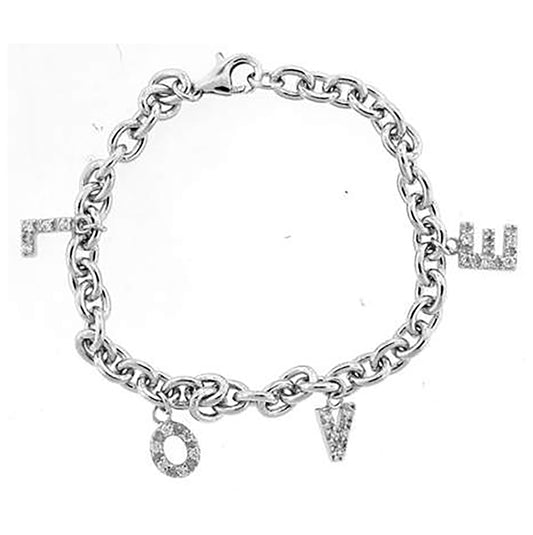 Sterling Silver Womens Cubic Zirconia Fancy Link Charms Love Bracelet
