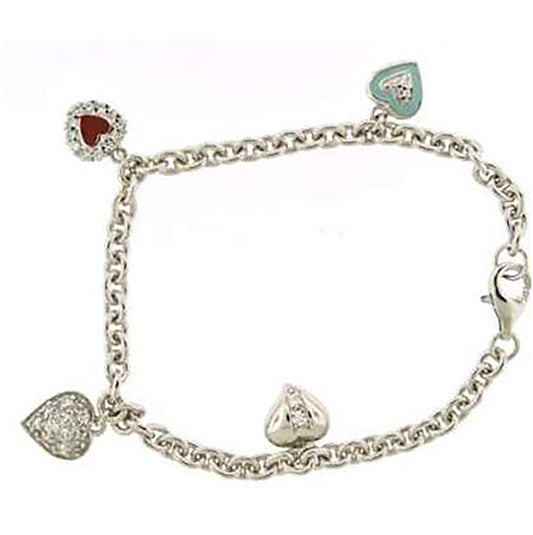 Sterling Silver Womens Cubic Zirconia Fancy Link Charms Hearts Bracelet