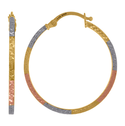 14K Tri-Color Gold Womens Textured Square Tube Hoop 28Mm Earrings