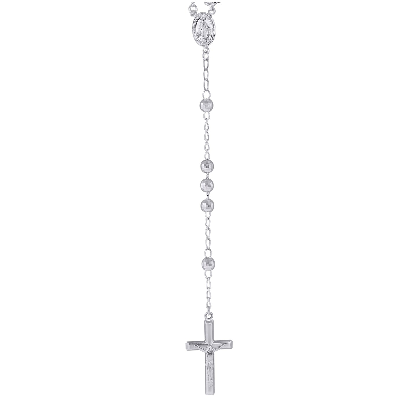 Sterling Silver Or Yellow Tone Or  Rhodium Plated Unisex Diamond-Cut Rosary Necklace