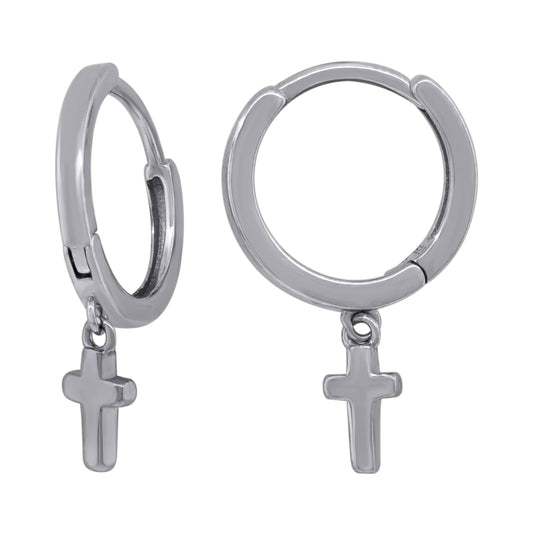 Sterling Silver Or Yellow-Tone Unisex Cross Religious Dangle Hoop Earrings