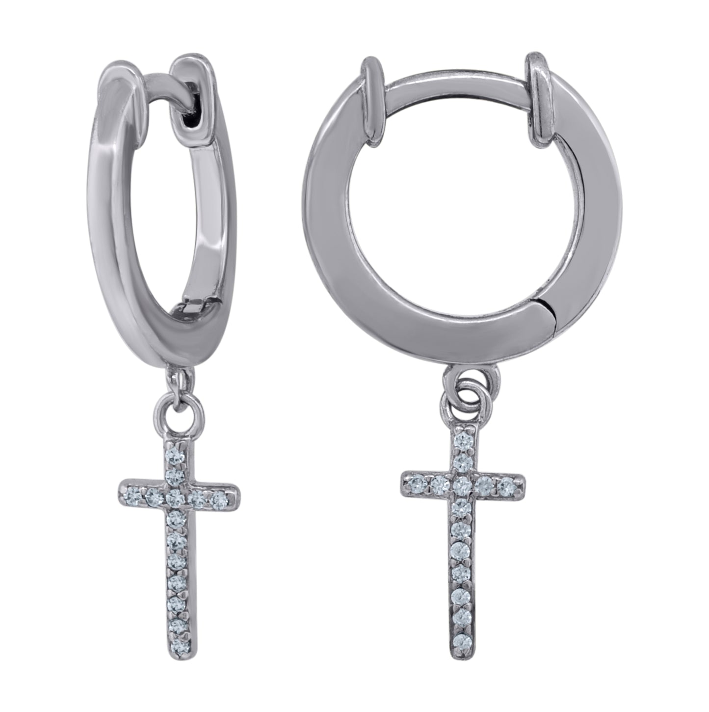 Sterling Silver Or Yellow-Tone Unisex Cubic-Zirconia Cross Religious Dangle Hoop Earrings
