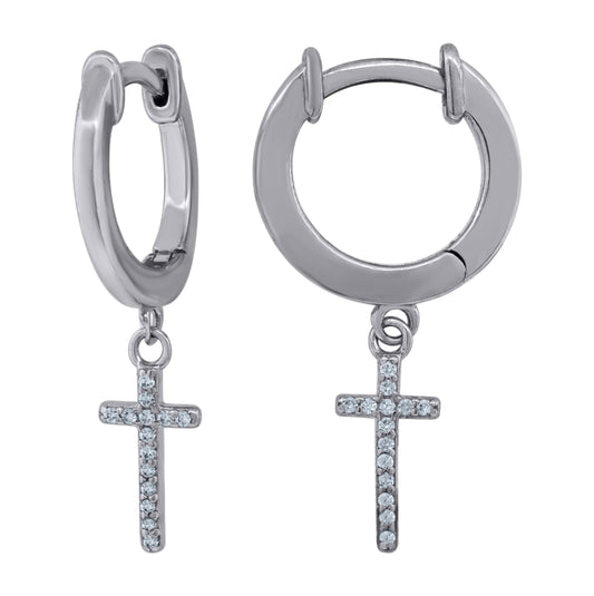 Sterling Silver Or Yellow-Tone Unisex Cubic-Zirconia Cross Religious Dangle Hoop Earrings
