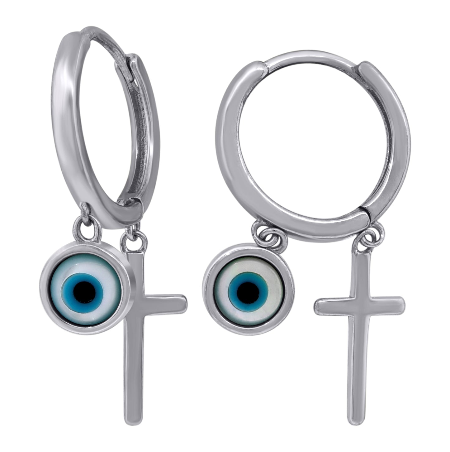 Sterling Silver Unisex Cross & Evil Eye Religious Dangle Hoop Earrings