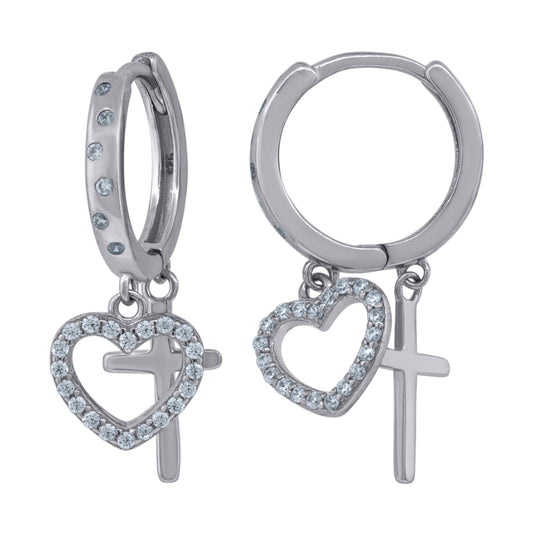Sterling Silver Unisex Cubic-Zirconia Cross & Heart Religious Dangle Hoop Earrings