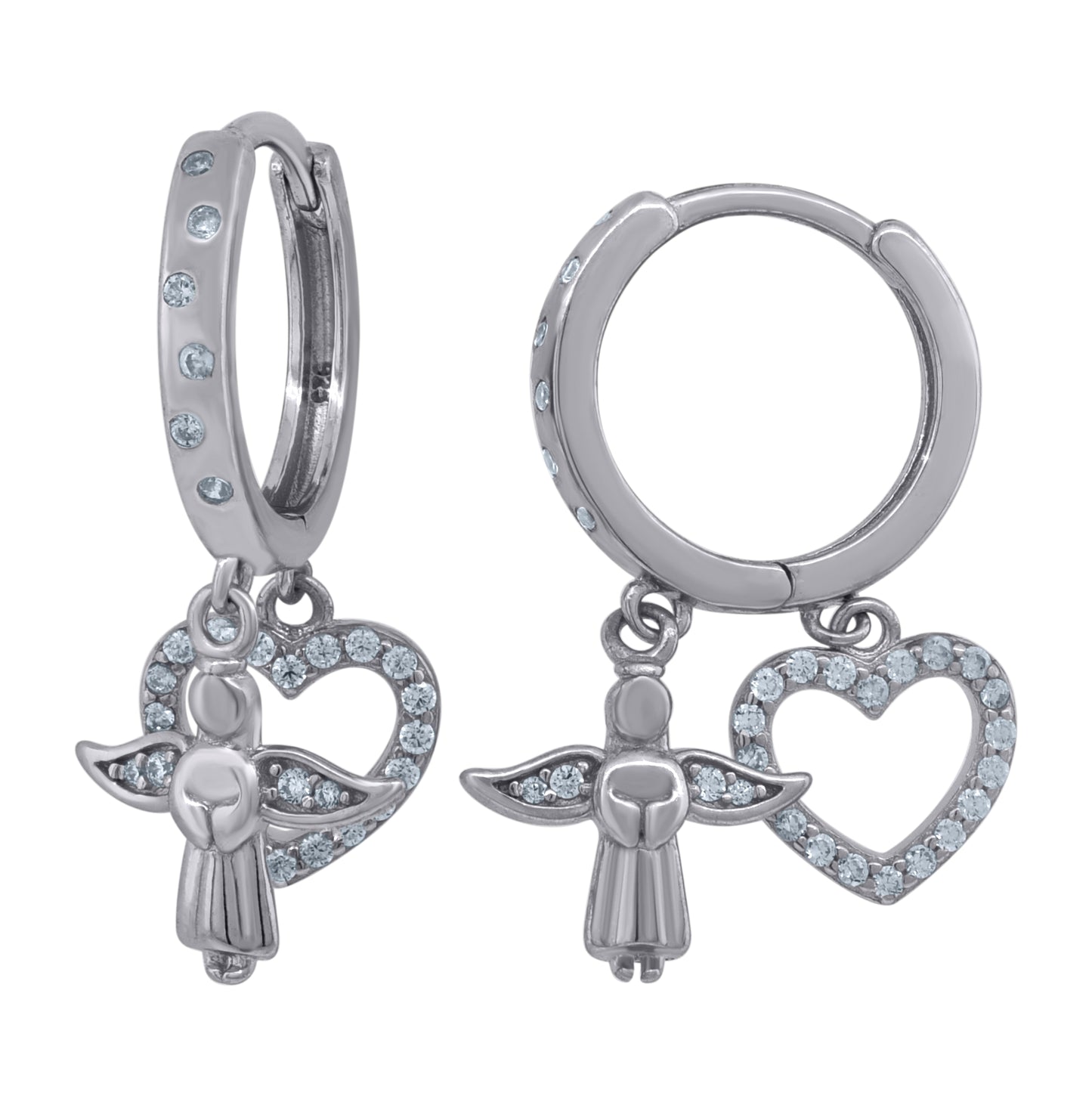 Sterling Silver Womens Cubic-Zirconia Angel & Heart Religious Dangle Hoop Earrings