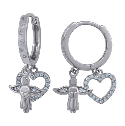 Sterling Silver Womens Cubic-Zirconia Angel & Heart Religious Dangle Hoop Earrings