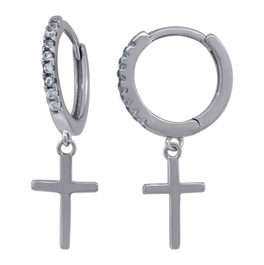 Sterling Silver Or Yellow-Tone Unisex Cubic-Zirconia Cross Religious Dangle Hoop Earrings