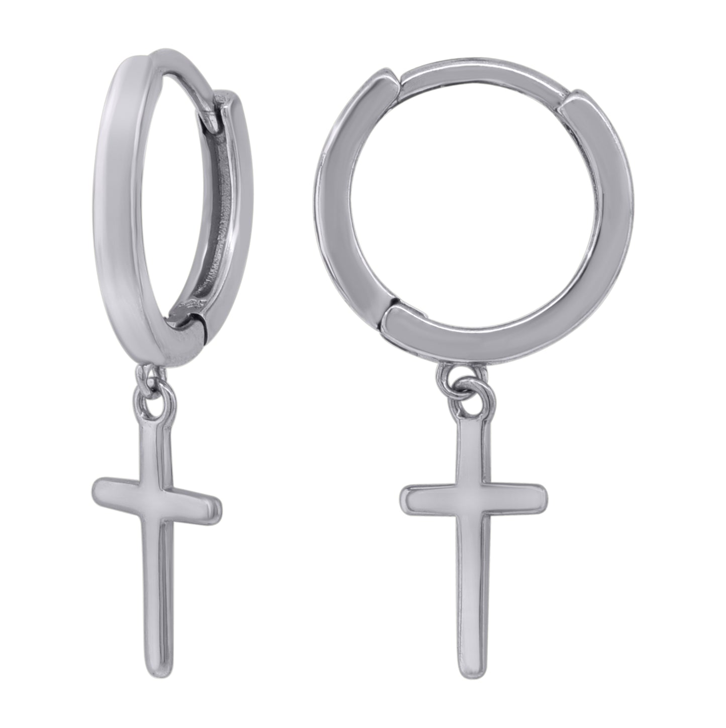 Sterling Silver Or Yellow-Tone Unisex Cross Religious Dangle Hoop Earrings