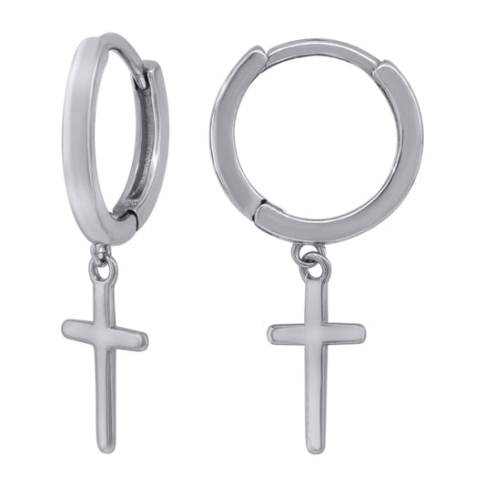 Sterling Silver Or Yellow-Tone Unisex Cross Religious Dangle Hoop Earrings