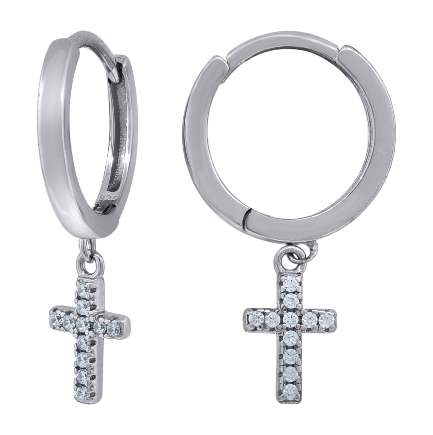 Sterling Silver Or Yellow-Tone Unisex Cubic-Zirconia Cross Religious Dangle Hoop Earrings
