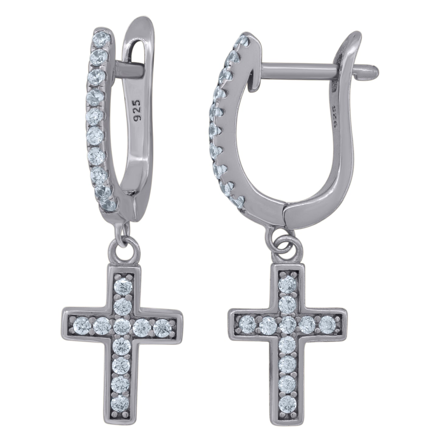 Sterling Silver Or Yellow-Tone Unisex Cubic-Zirconia Cross Religious Dangle Hoop Earrings