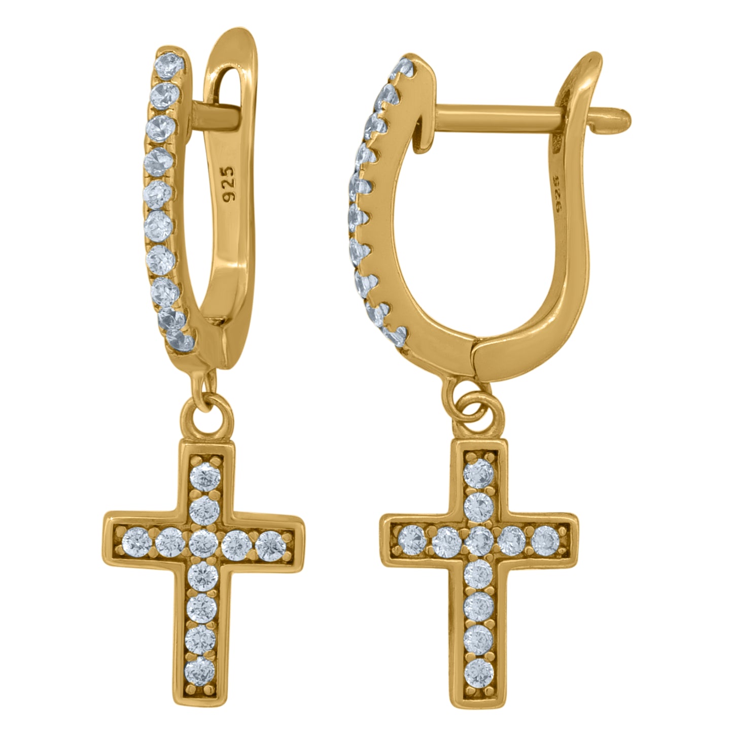 Sterling Silver Or Yellow-Tone Unisex Cubic-Zirconia Cross Religious Dangle Hoop Earrings