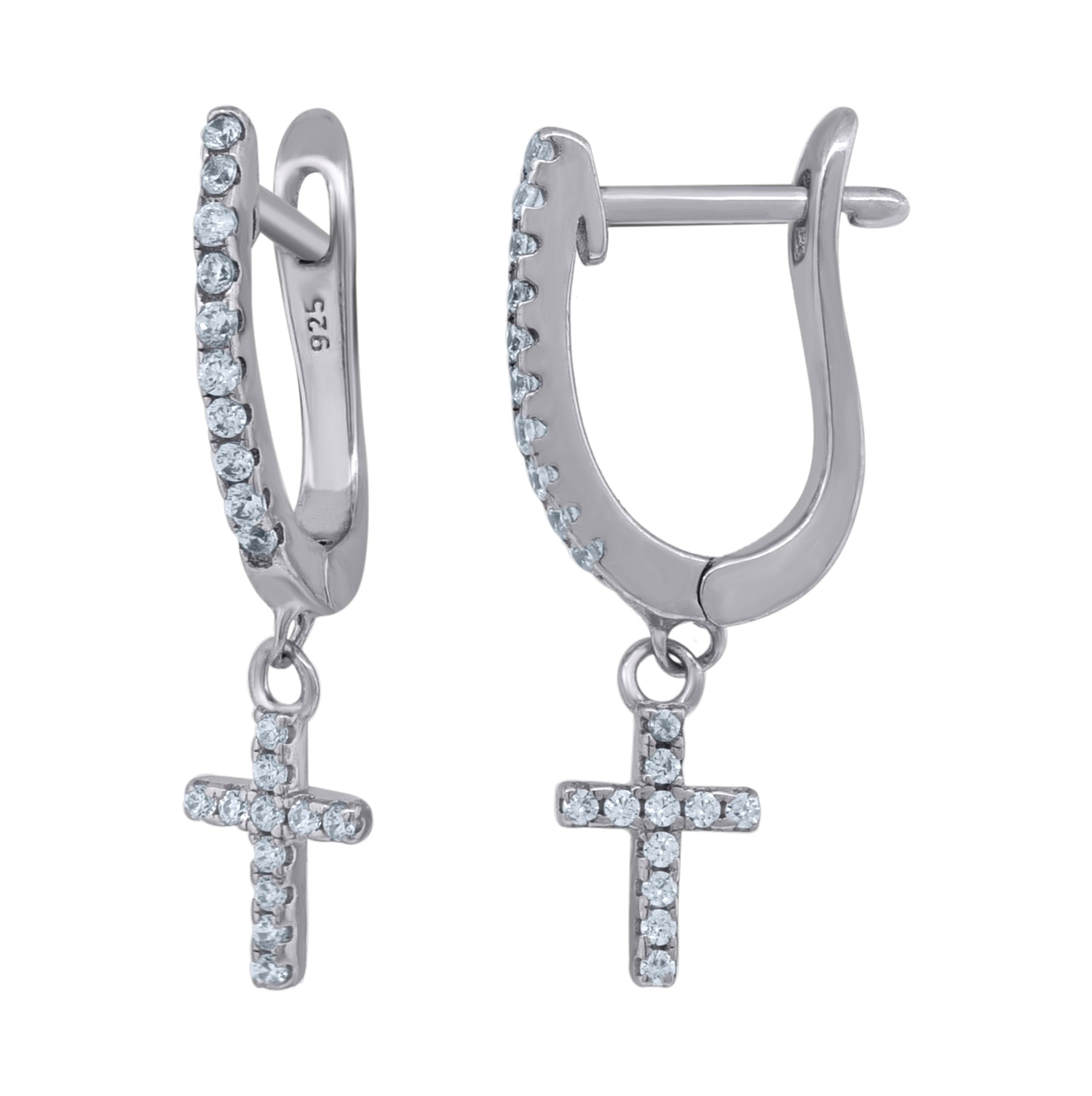 Sterling Silver Or Yellow-Tone Unisex Cubic-Zirconia Cross Religious Dangle Hoop Earrings