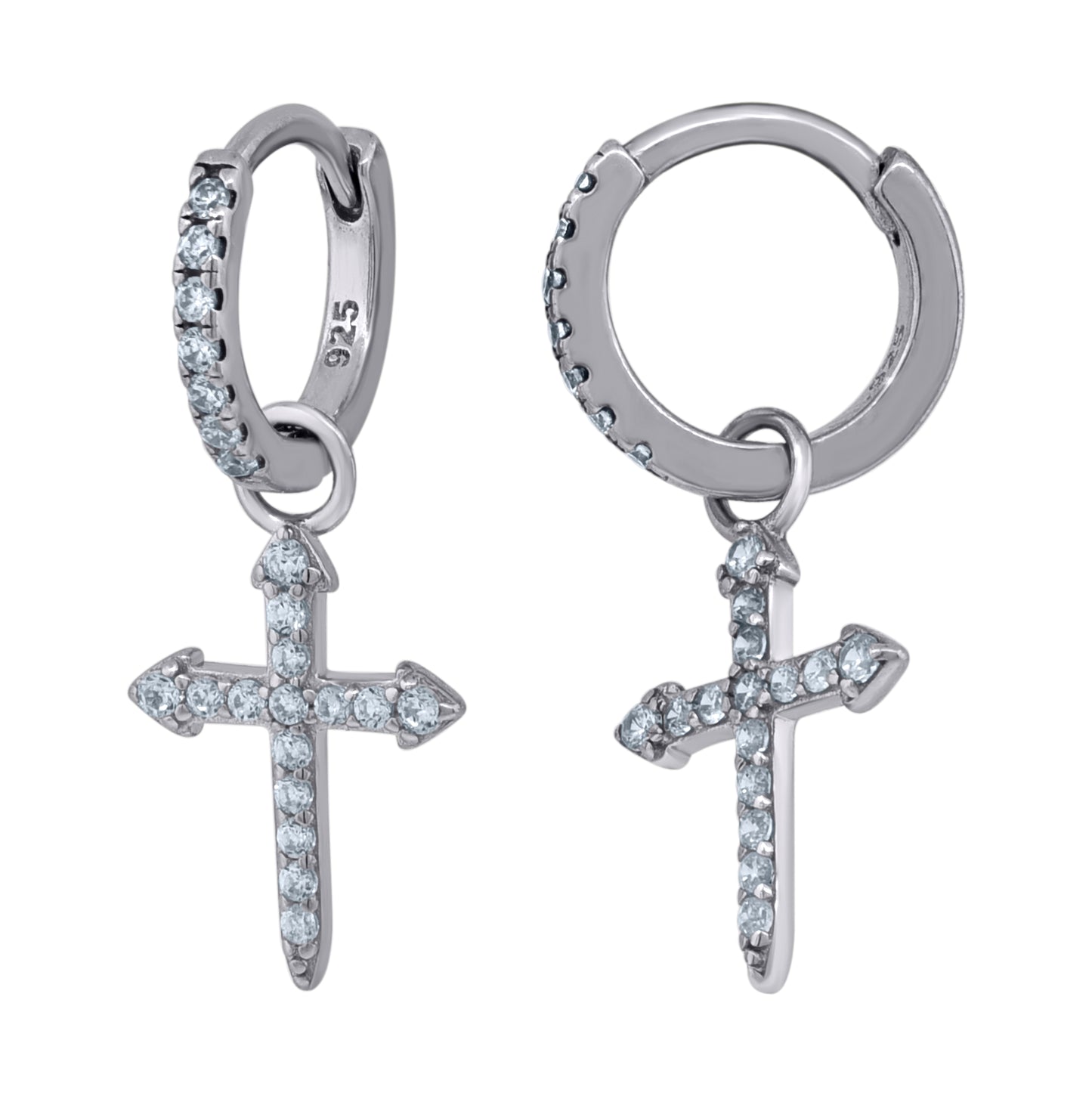Sterling Silver Or Yellow-Tone Unisex Cubic-Zirconia Cross Religious Dangle Hoop Earrings