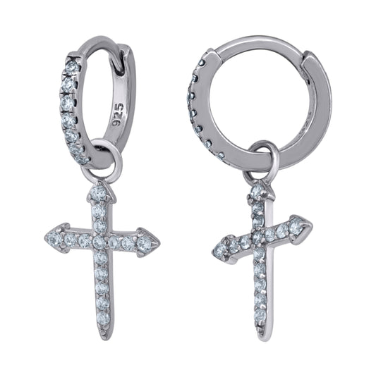 Sterling Silver Or Yellow-Tone Unisex Cubic-Zirconia Cross Religious Dangle Hoop Earrings