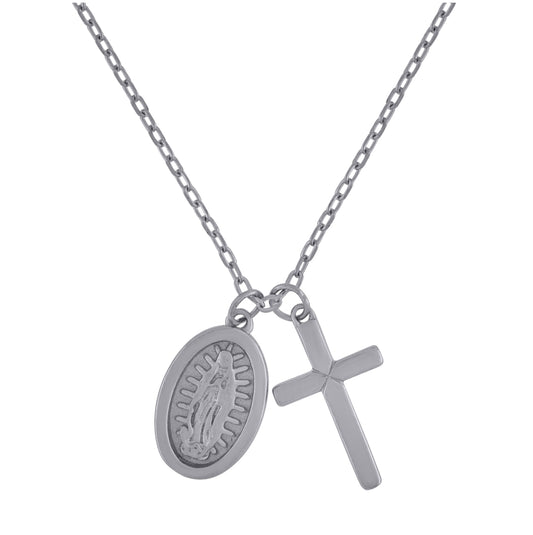Sterling Silver Womens Cross & Guadalupe Religious Rolo Link Necklace