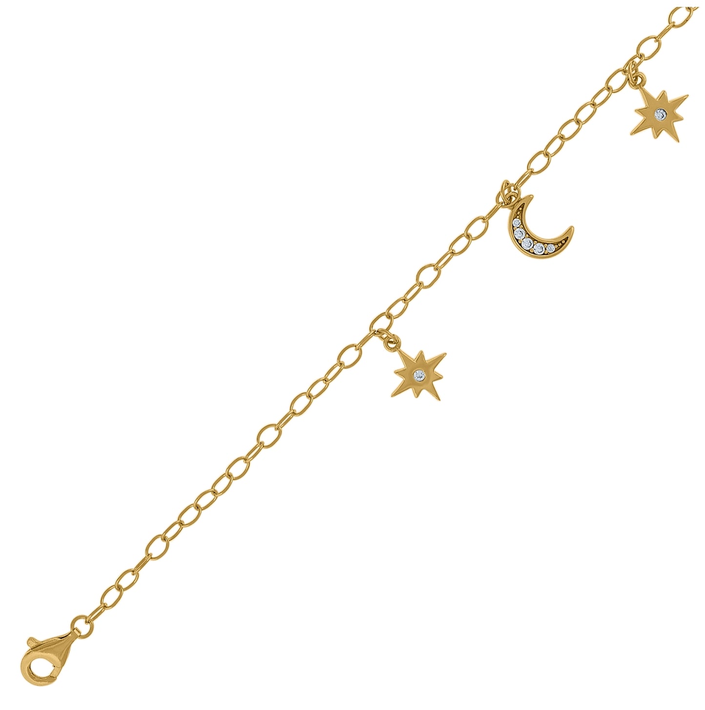 Sterling Silver Yellow-Tone Womens Cubic-Zirconia Sun Moon Charms Bracelet