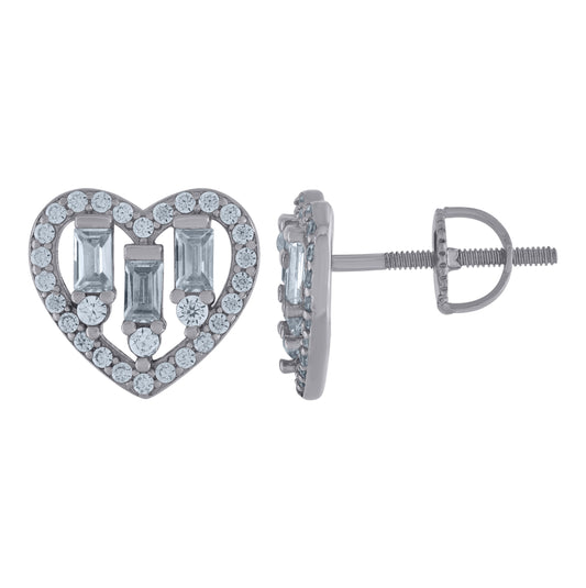Sterling Silver Womens Baguette Cubic-Zirconia Heart Stud Earrings