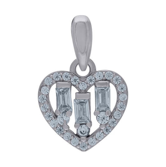 Sterling Silver Womens Baguette Cubic-Zirconia Heart Charm Pendant