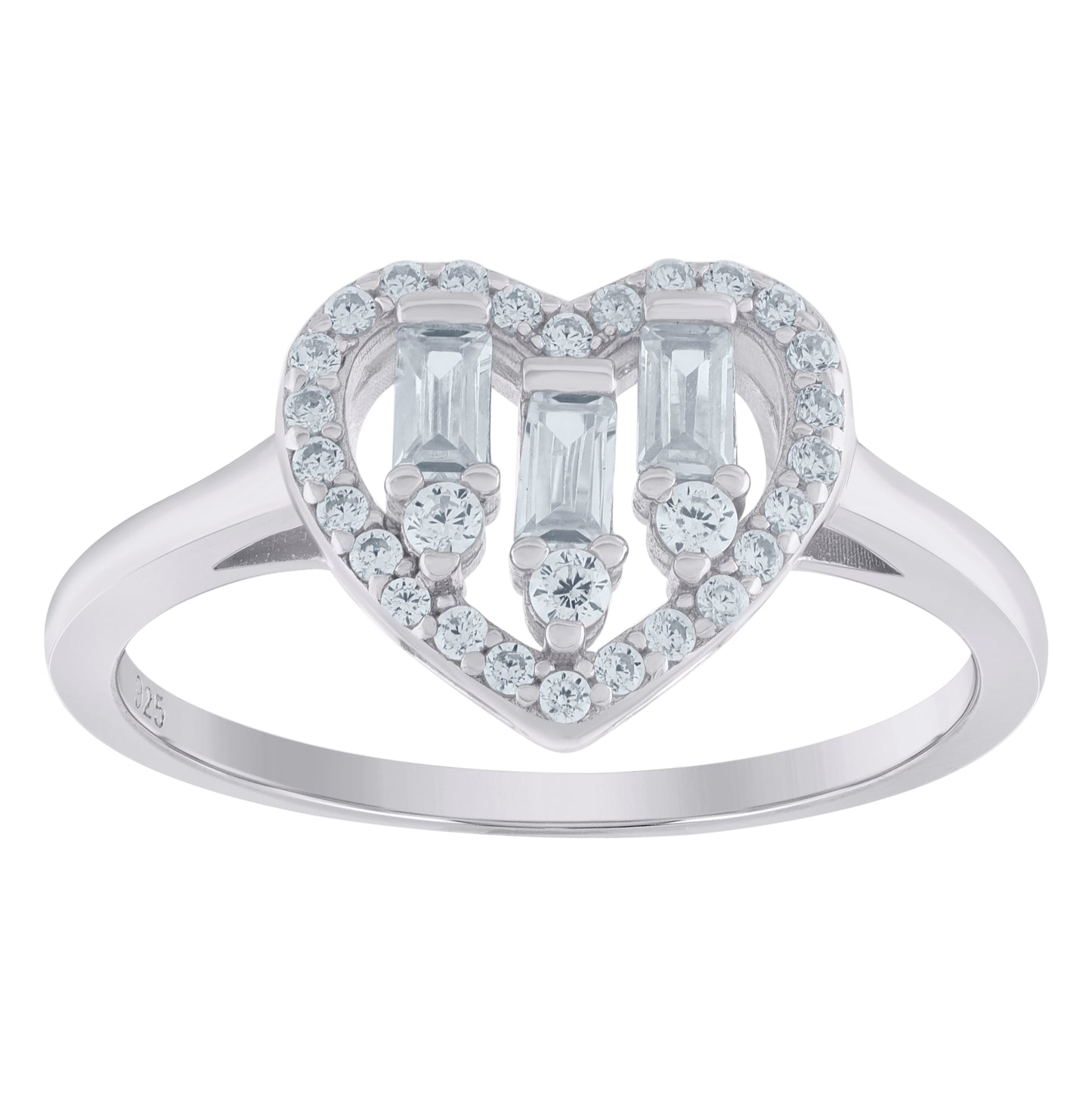 Sterling Silver Womens Baguette Cubic-Zirconia Heart Bridal Anniversary Wedding Engagement Band Ring